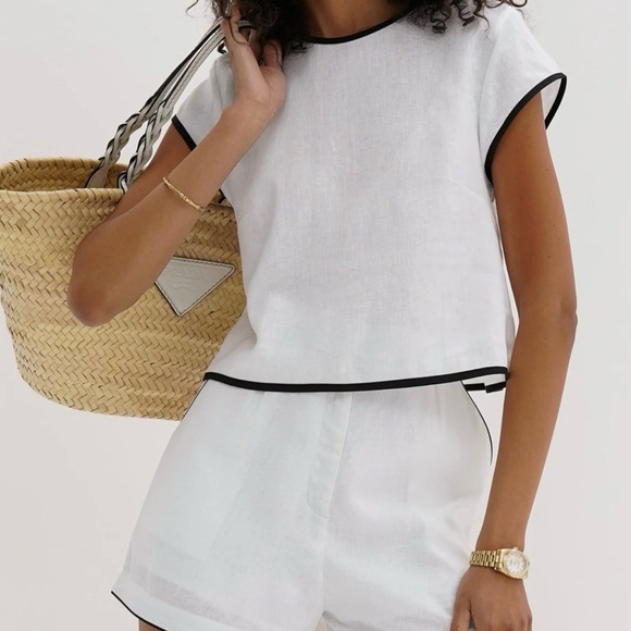 Commense Cotton Contrast Trim Shorts Set Women's White Shorts with Black Trim - Picture 2 of 6